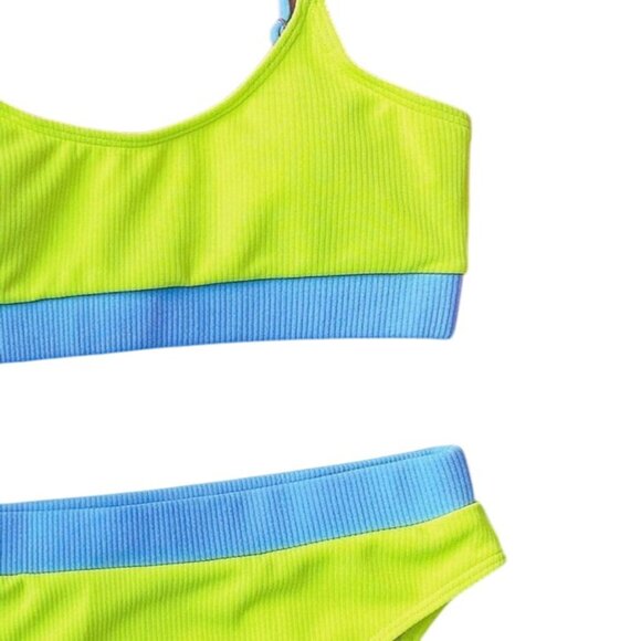 Womens Neon Green Ribbed Bikini Set – Small High Waist 2-Piece Swimsuit Cheeky - Picture 6 of 9